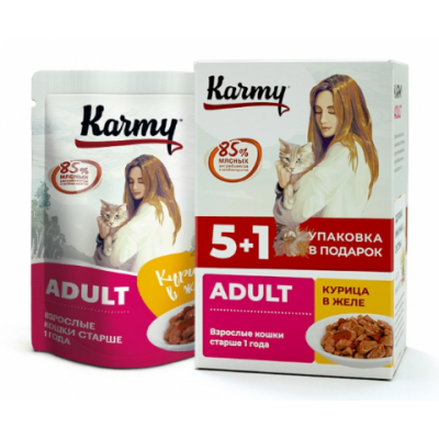 KARMY НАБОР (5+1) ADULT корм для кошек консервы Курица в желе. Вес: 5х80 г